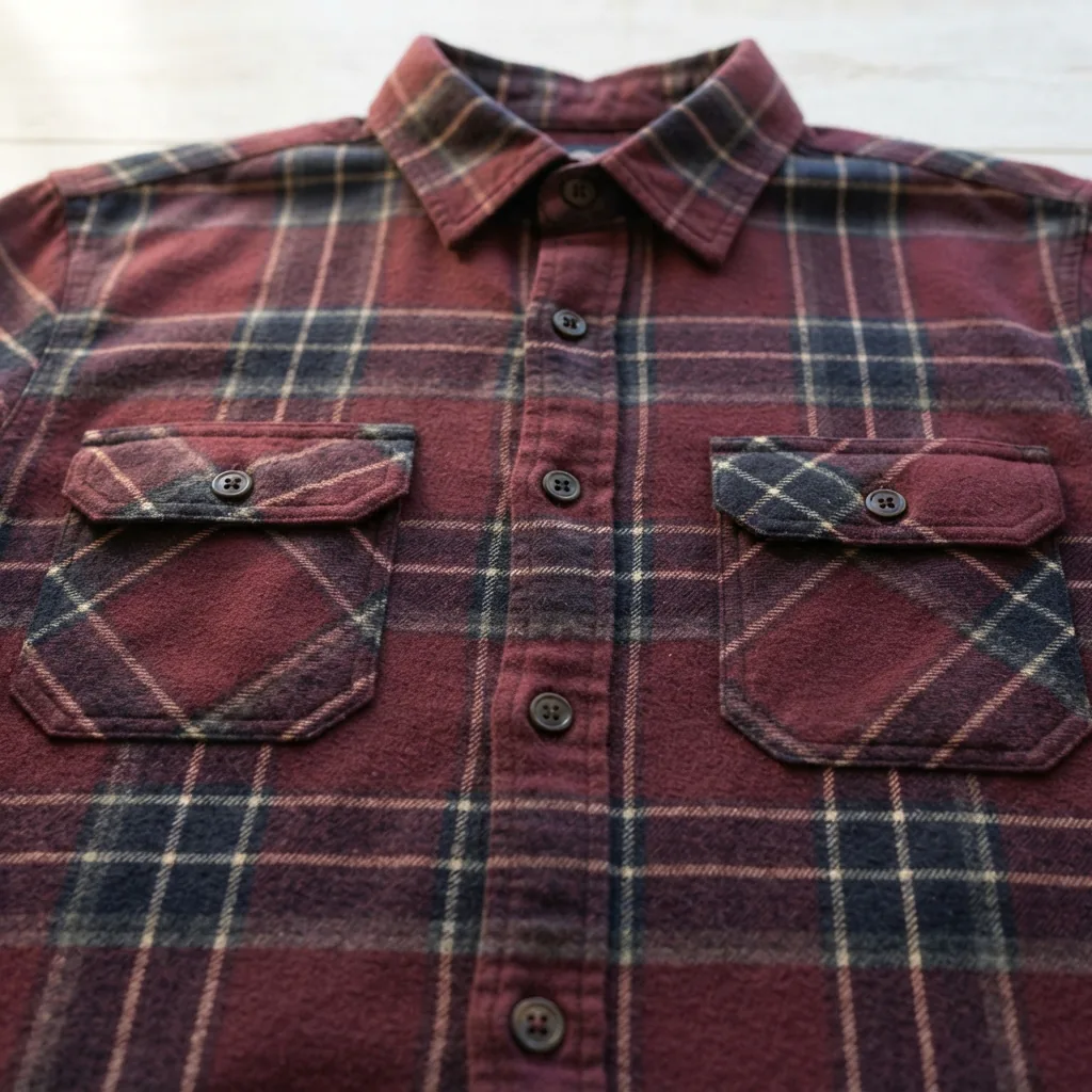 A close-up of a maroon mutual weave flannel button-up shirt highlighting the dual chest pockets.