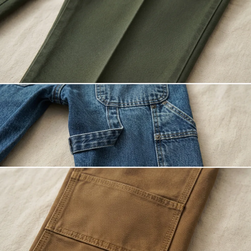 Detail shots of pant features: a flat front crease, a hammer loop on a carpenter jean, and reinforced double knees.