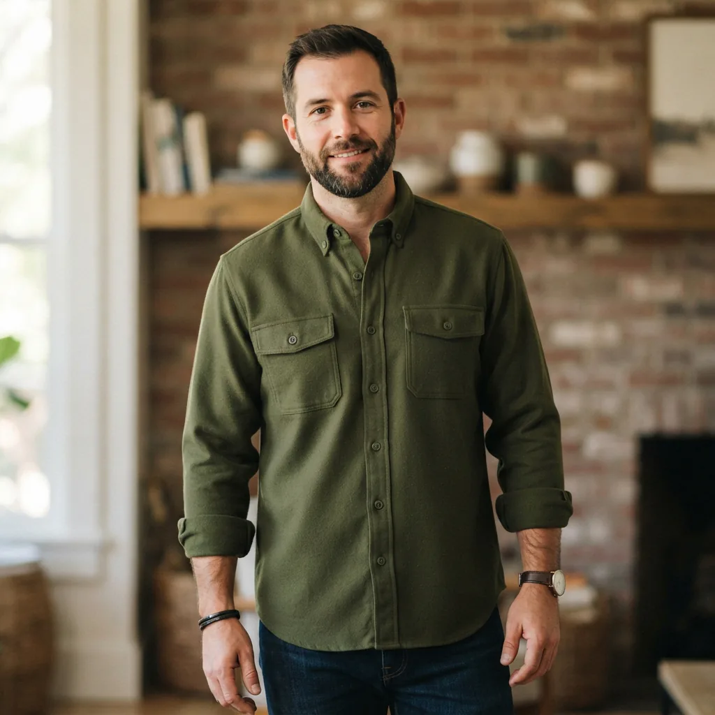A man wearing an olive green mutual weave regular-fit flannel shirt.