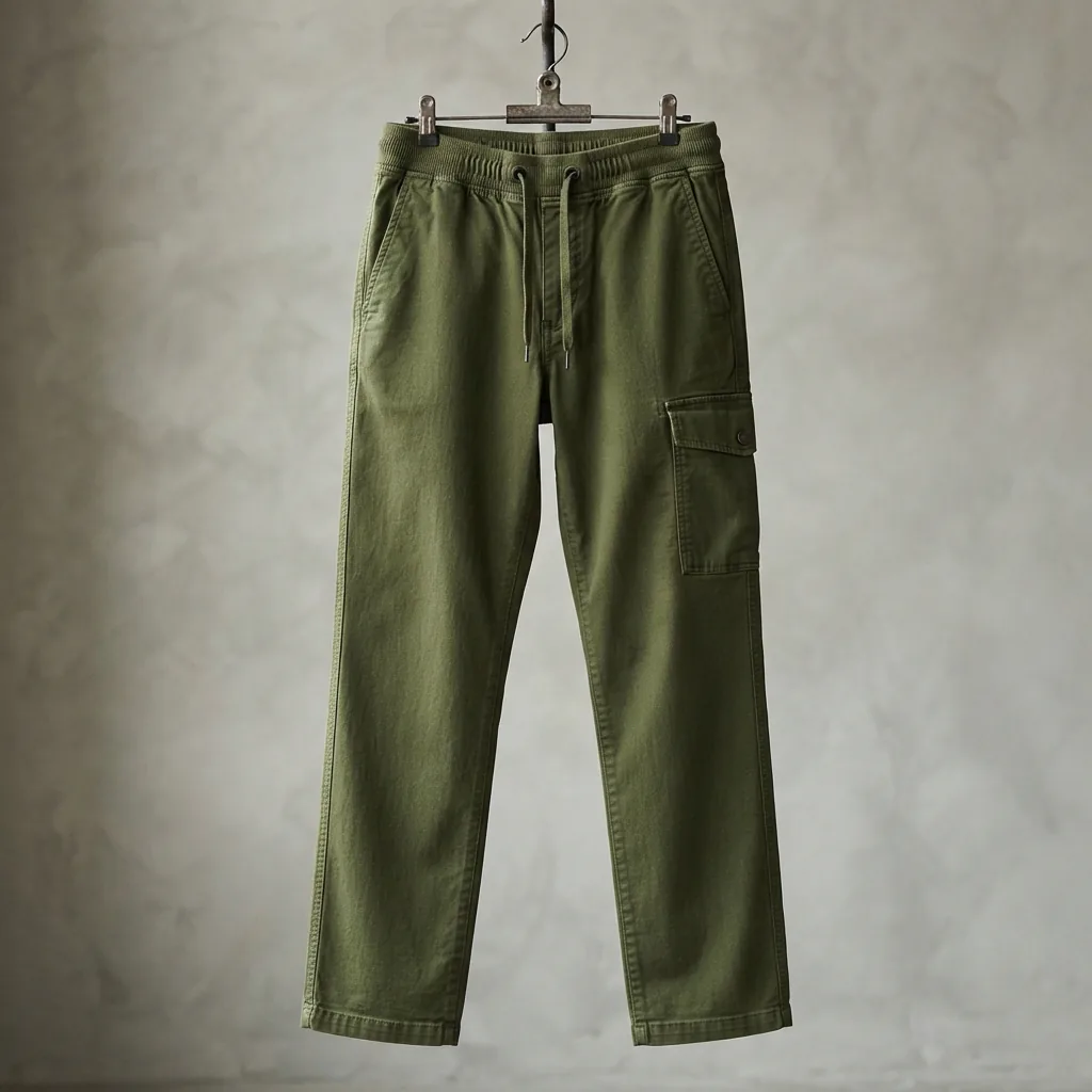 Side view of the Mutual Weave Mens Cargo Pants in olive green with pull-on waist.