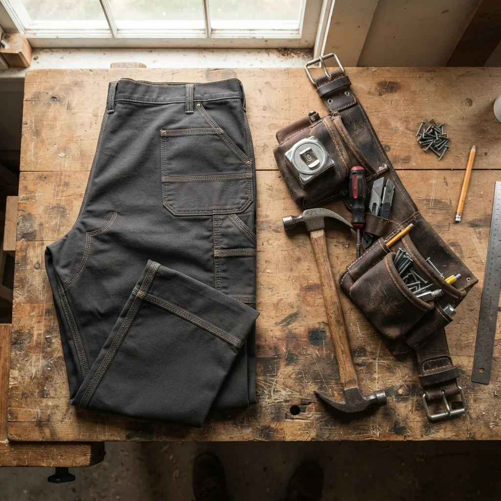 A pair of rugged work pants with utility pockets laid out with a tool belt.