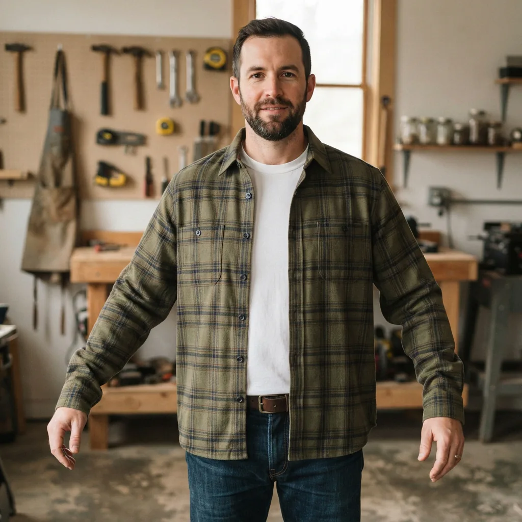 A man modeling a relaxed-fit flannel shirt, showing the ease of movement.