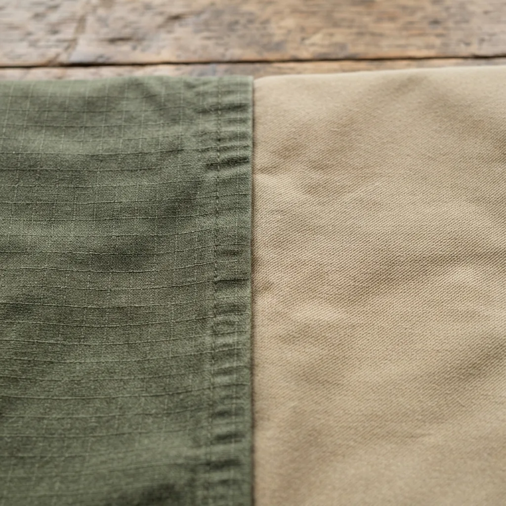 A side-by-side comparison of ripstop and stretch-cotton cargo pant fabrics.