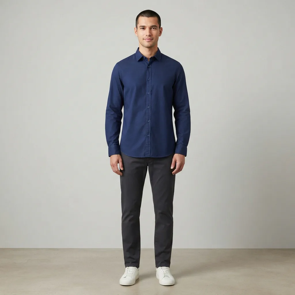 A male model wearing a solid-color Regular Fit button-down shirt, showing the standard, comfortable cut.