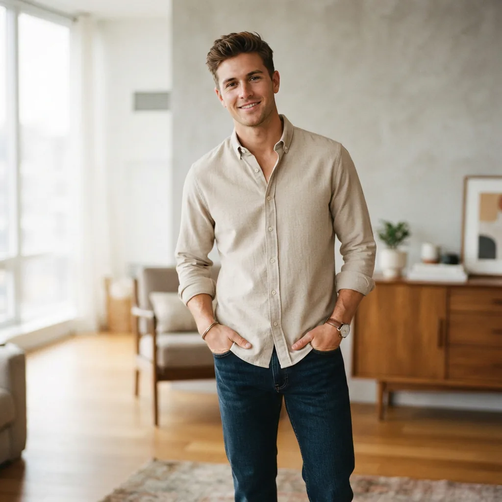 A man wearing a Mutual Weave long sleeve regular fit button-down shirt in a casual setting.