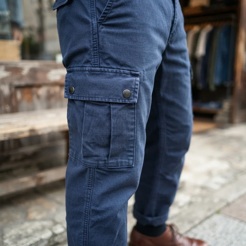Close-up of the fabric and pocket detail on the Mutual Weave Men's Navy Cargo Pants.