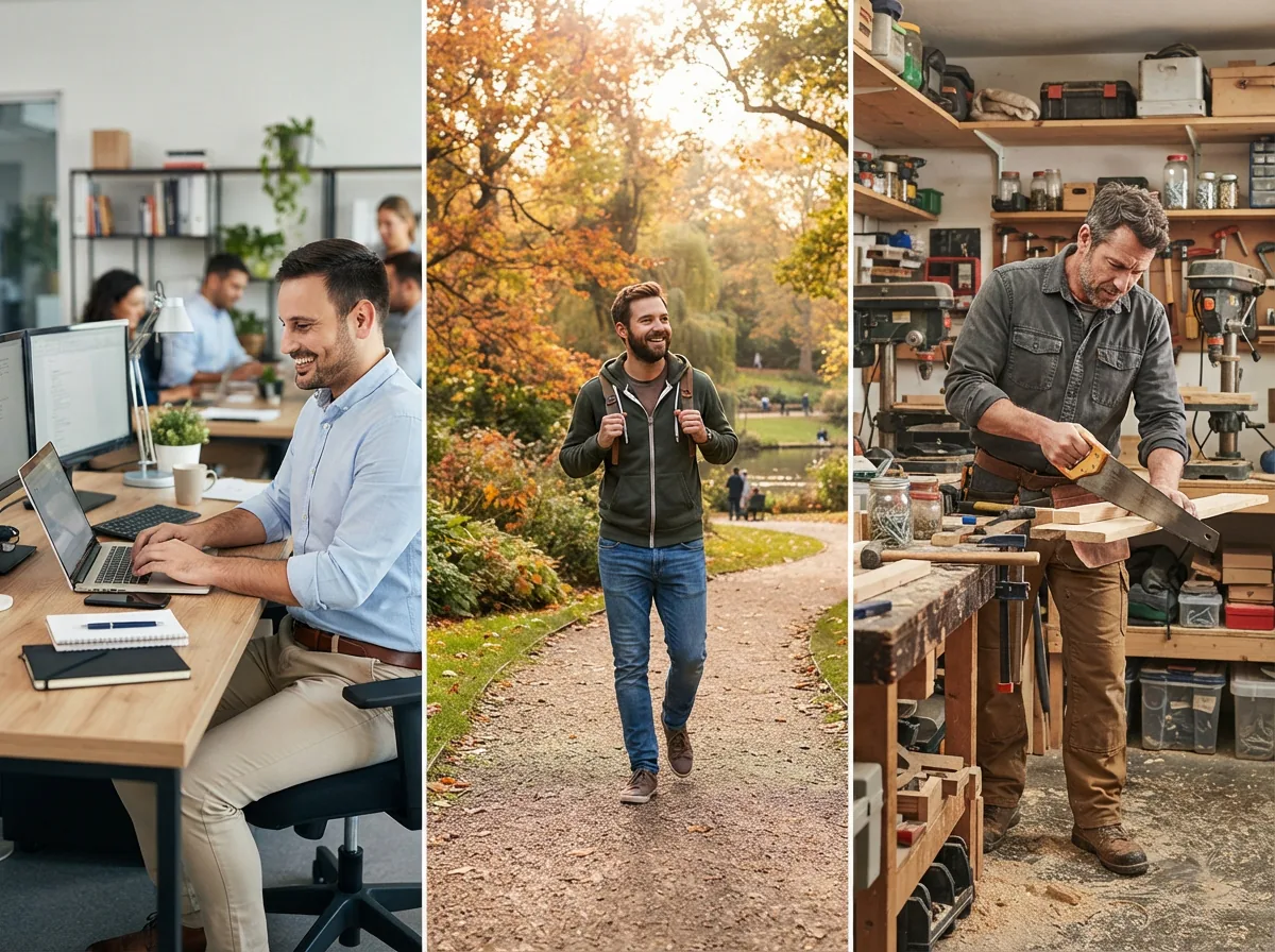 A collage showing different men wearing pants in various settings: at a desk, hiking, and in a workshop.