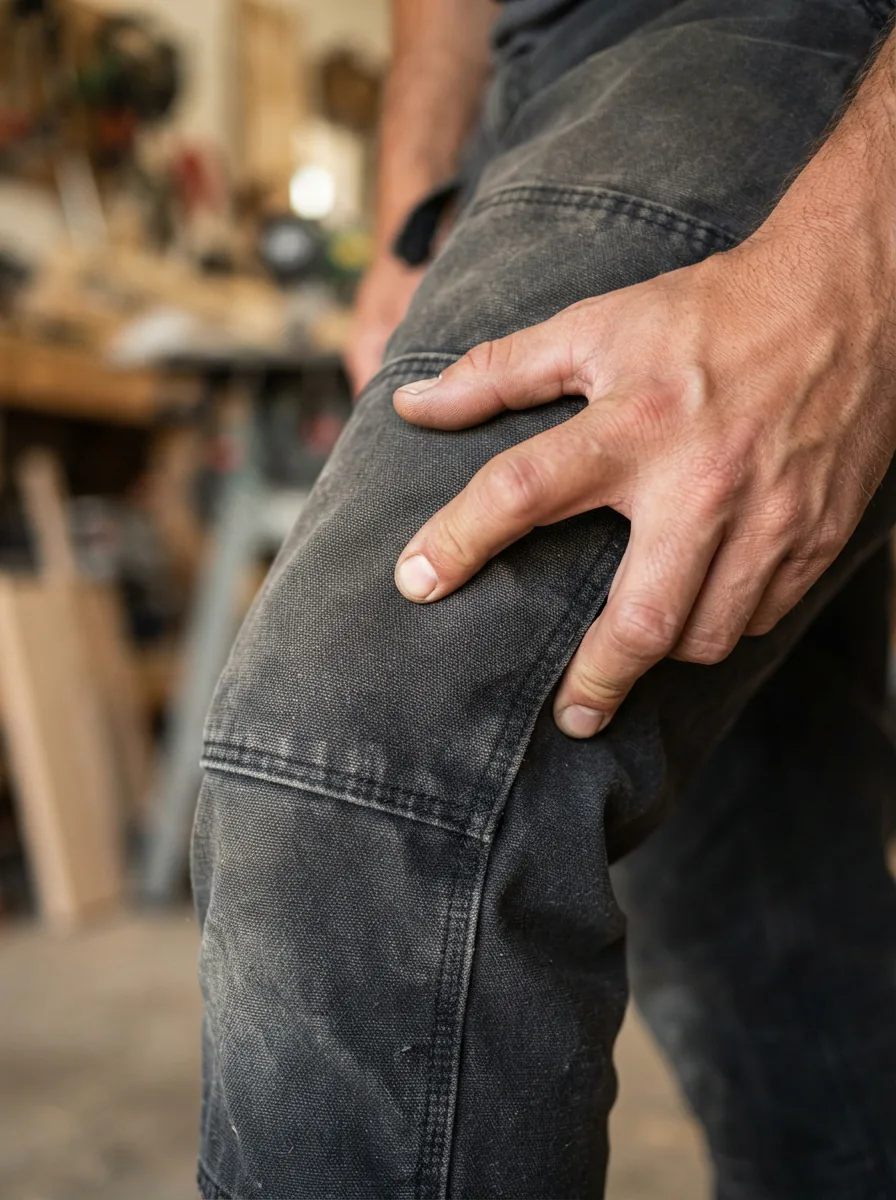 A close-up of a person's hand feeling the durable fabric of a pair of pants.