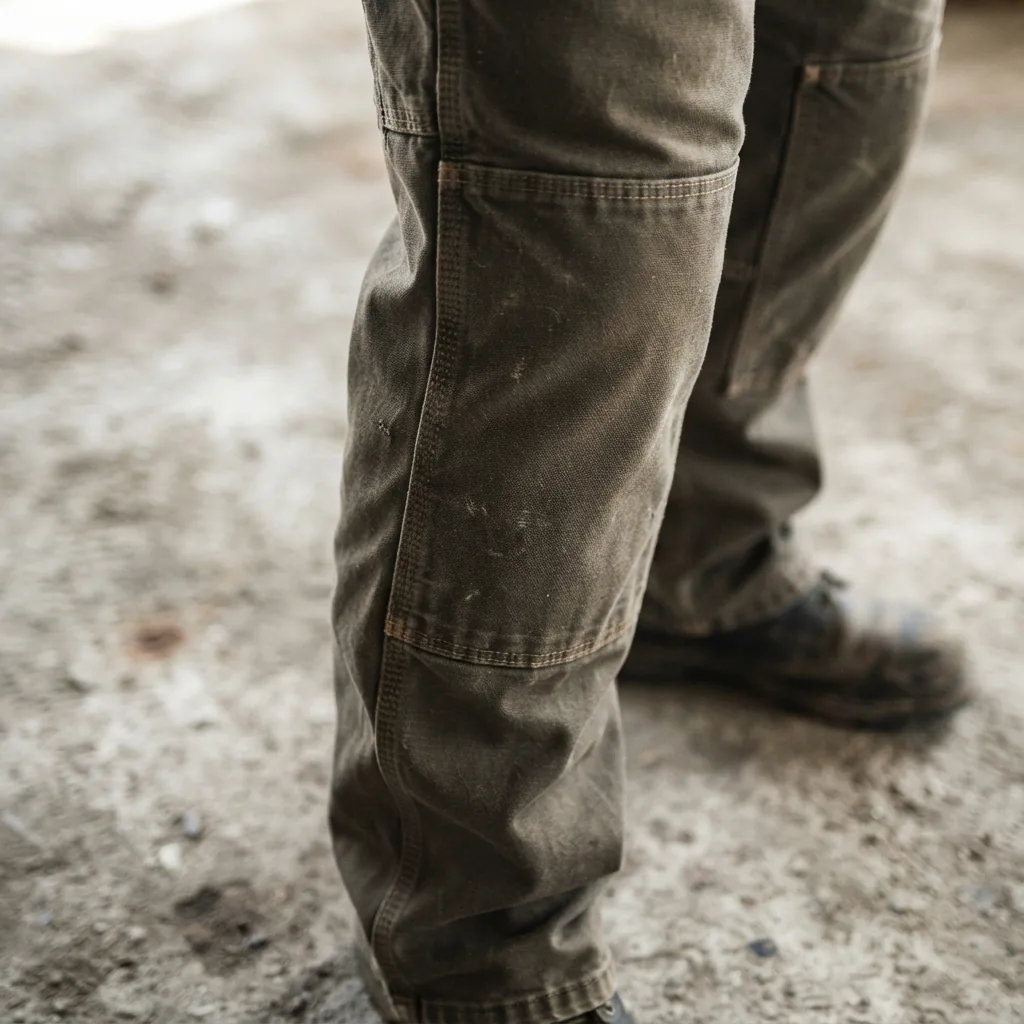 A pair of dark khaki loose-fit work pants with visible reinforced double-knee panels.