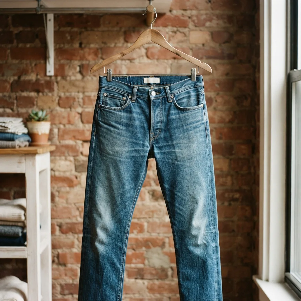 A pair of blue denim jeans hanging on a wooden hanger against a brick wall.