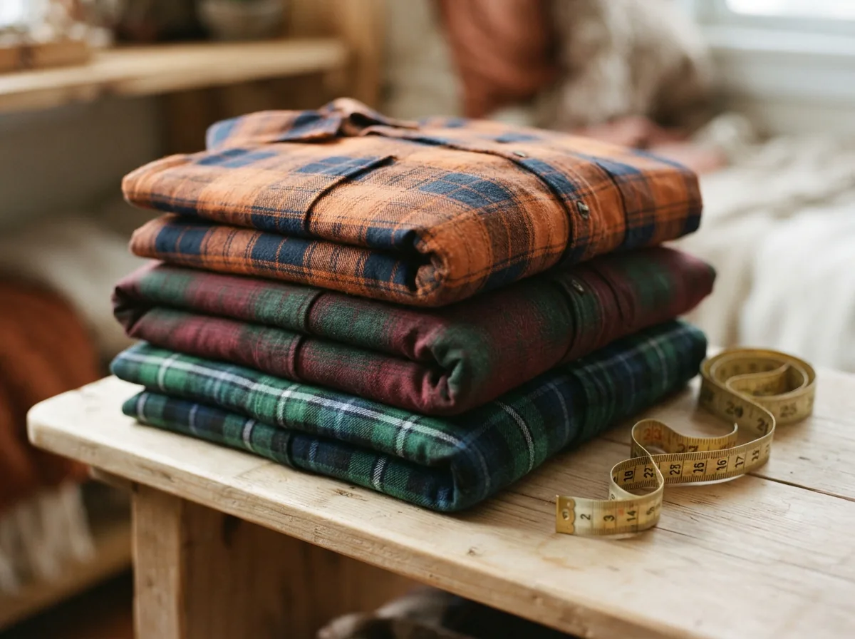 A folded stack of colorful plaid flannel shirts next to a measuring tape.