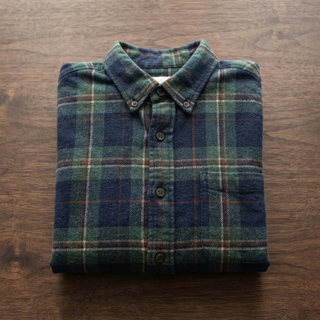 A folded Mutual Weave plaid flannel shirt in size XL showing its pattern and buttons.