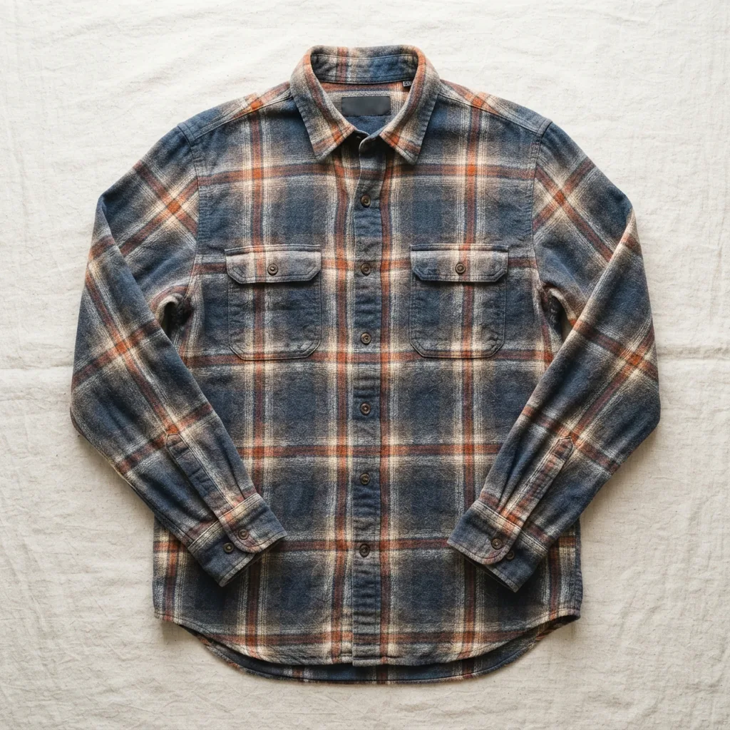 A flat lay of a vintage wash mutual weave flannel shirt showing its soft texture.