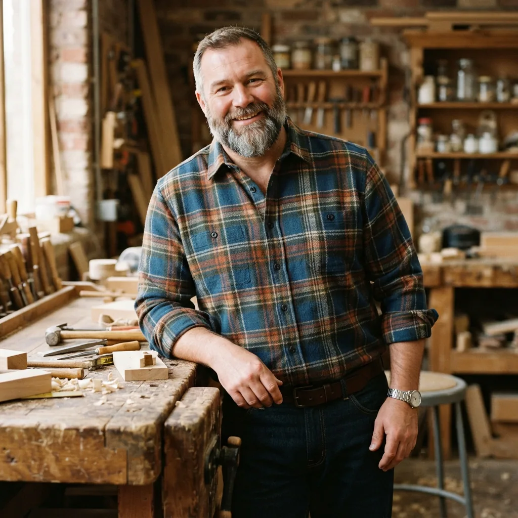 A man with a larger build modeling a relaxed-fit rustic flannel shirt.