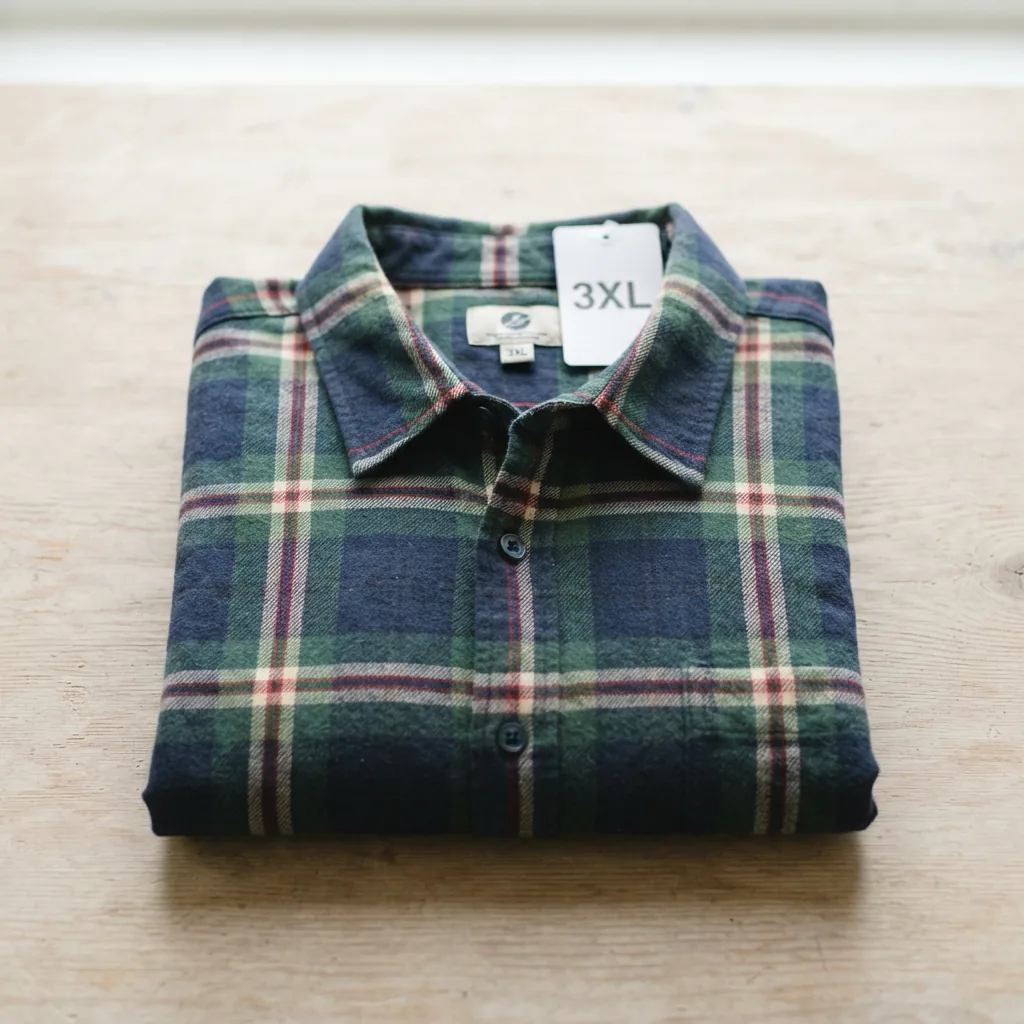A neatly folded 3XL mutual weave plaid flannel shirt for big and tall men.