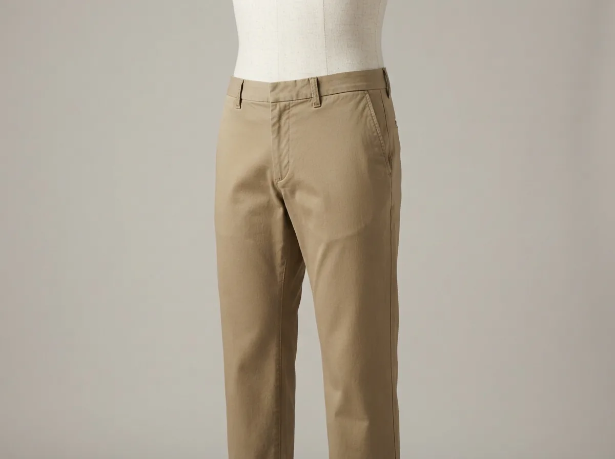 A pair of classic-fit flat front chino pants in a neutral khaki color.