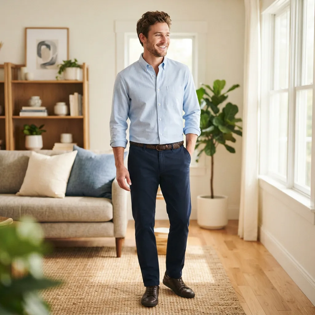 A man wearing a Mutual Weave long sleeve classic fit button-down shirt untucked.