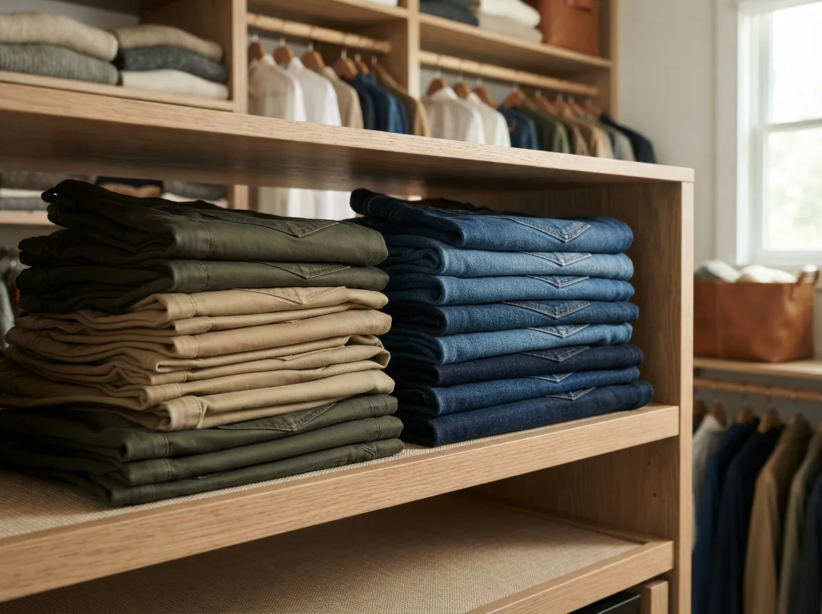 A neatly arranged display of different Mutual Weave pants, including chinos and jeans, folded on a shelf.
