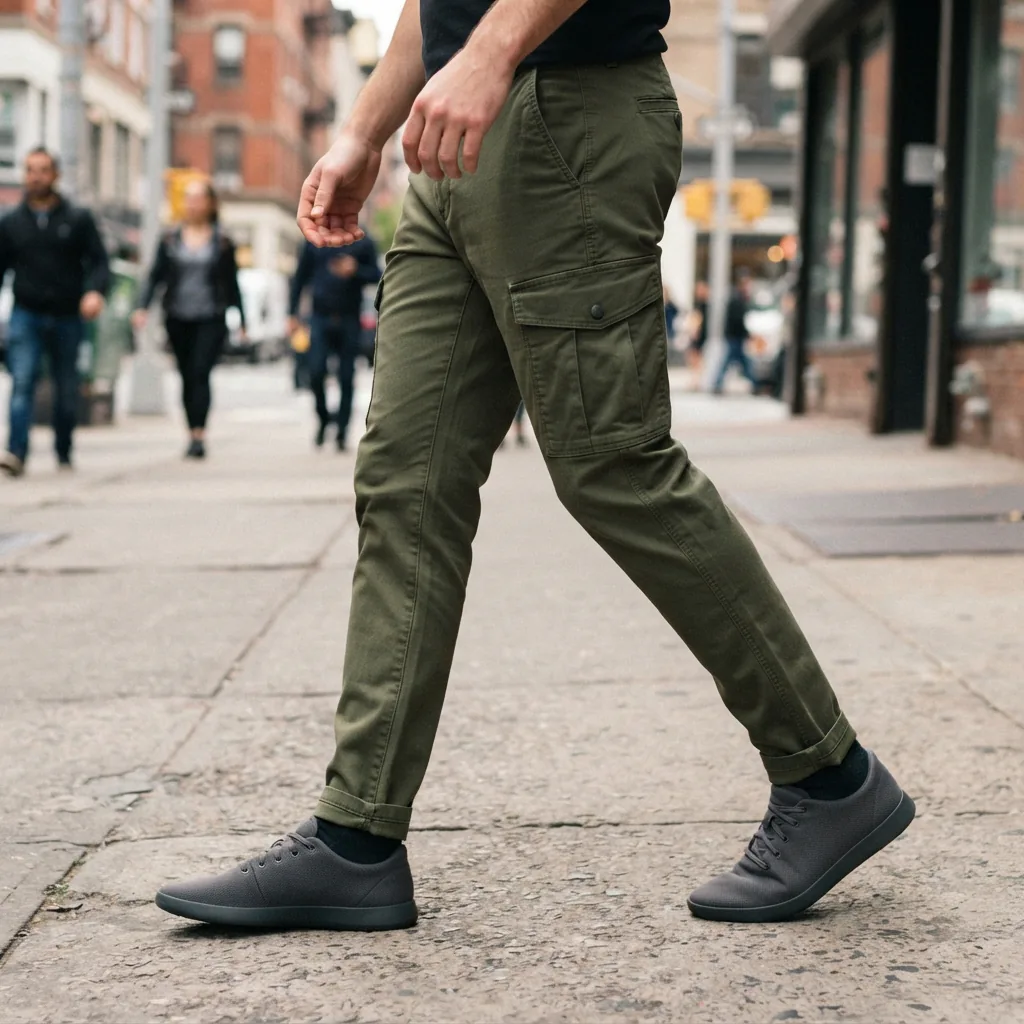 A man walking in tapered-fit ripstop cargo pants.