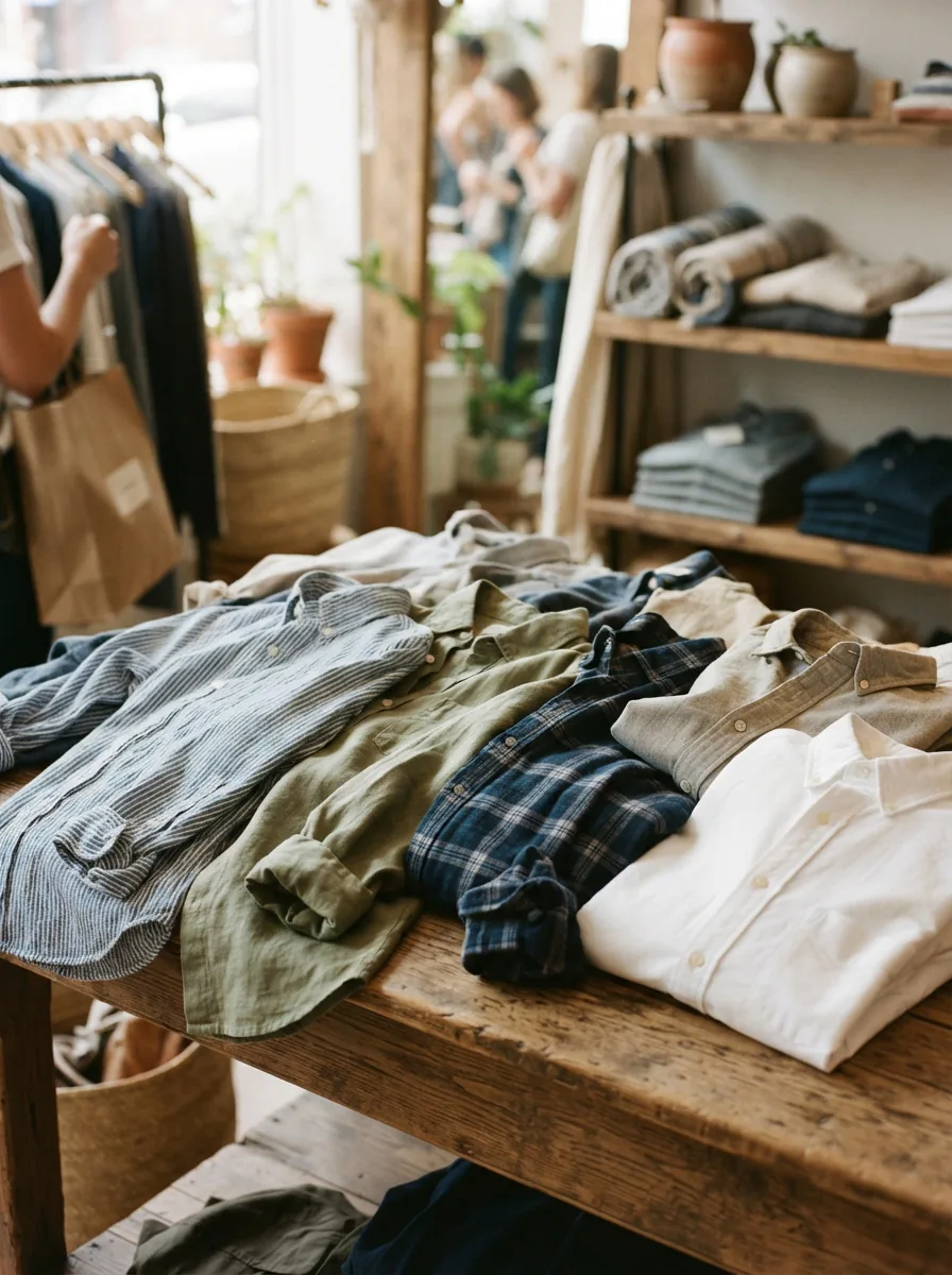 A collection of casually folded button-down shirts on a table.