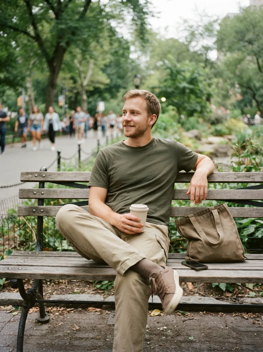 A person sitting comfortably in casual cargo pants.