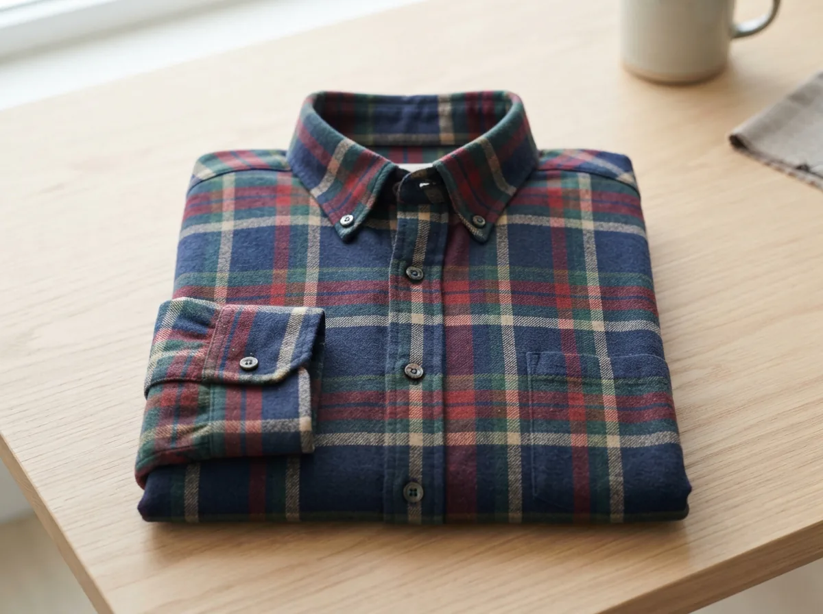 A front view of a folded 3XL mutual weave plaid flannel shirt on a clean surface.