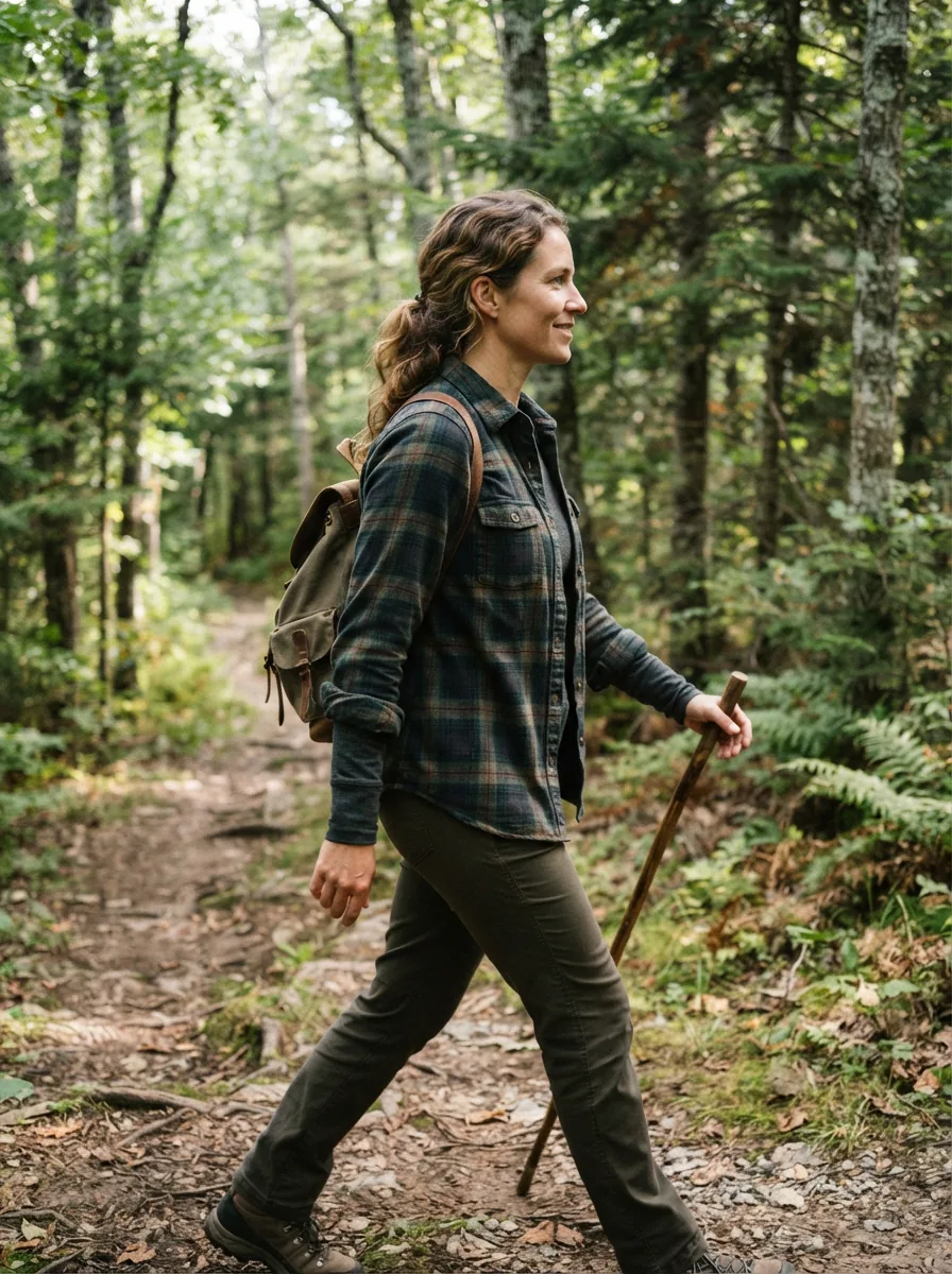 A person wearing a plaid flannel shirt, engaged in a casual outdoor activity like hiking.