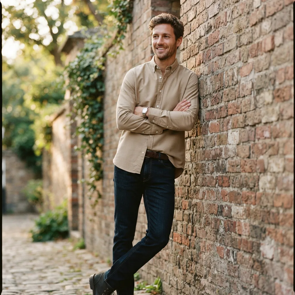 A man wearing the Mutual Weave relaxed oxford button-down shirt with the hem visible.