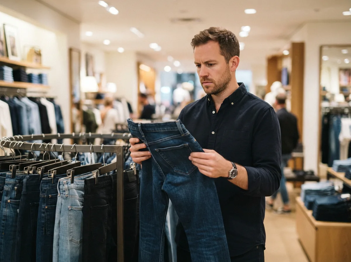 A person thoughtfully browsing a selection of pants on a store rack.