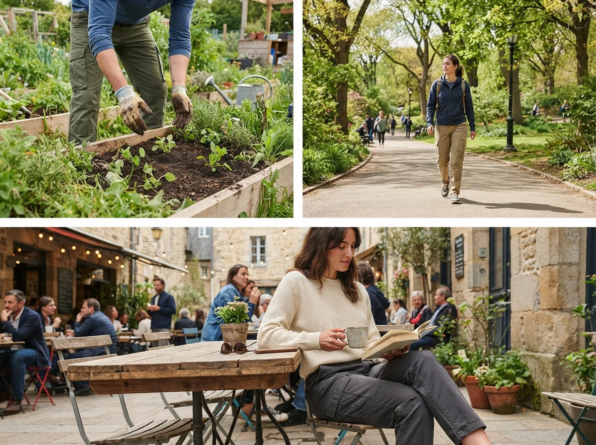 A scene showing different daily activities suitable for wearing cargo pants.