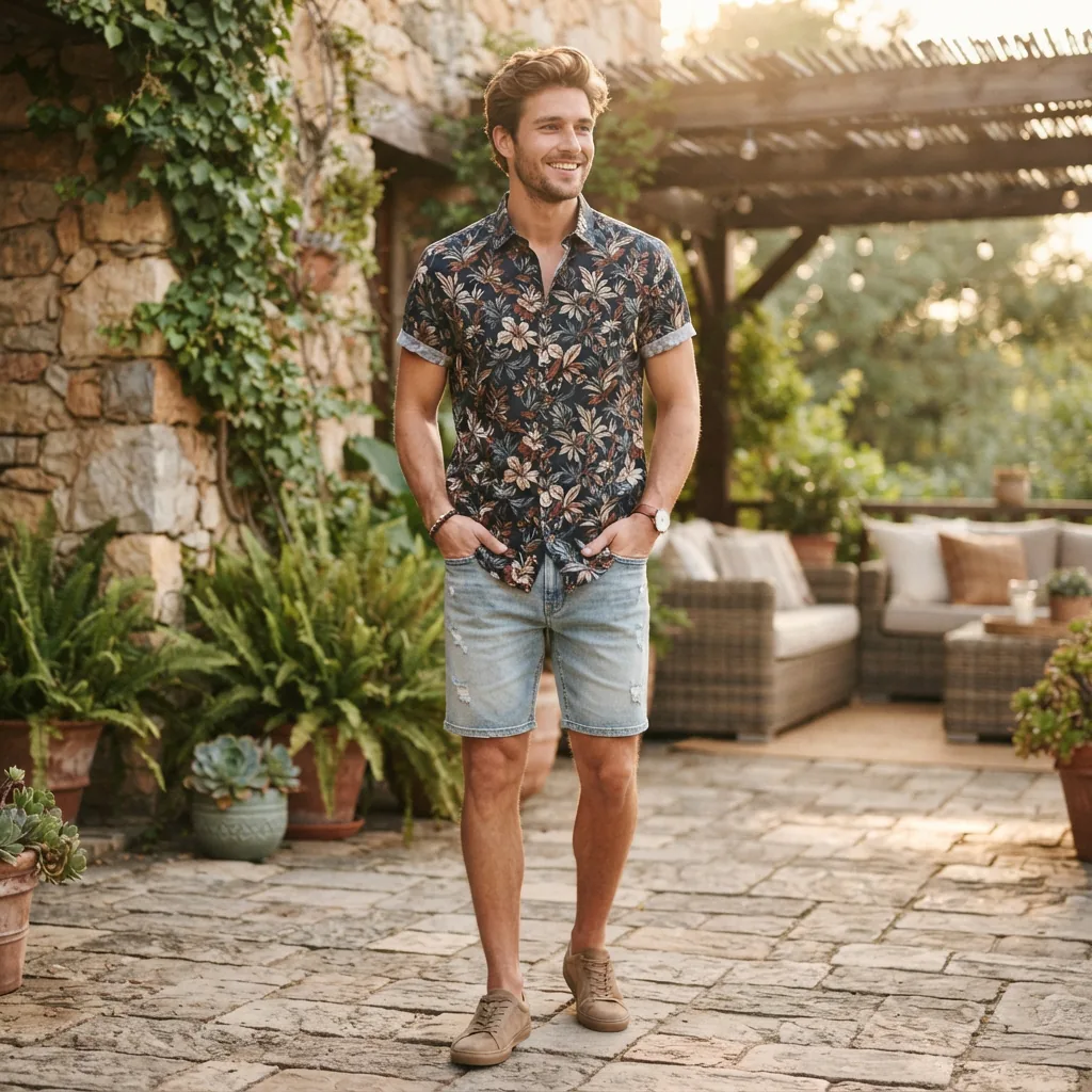 A man wearing the Mutual Weave short sleeve floral button-down shirt at an outdoor event.