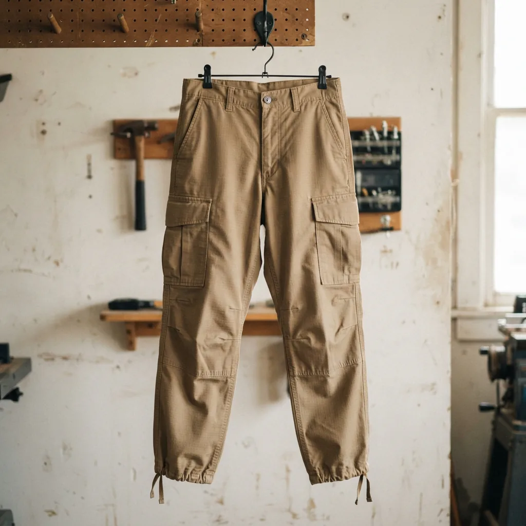 A pair of tan cotton cargo pants with multiple pockets and a relaxed fit.