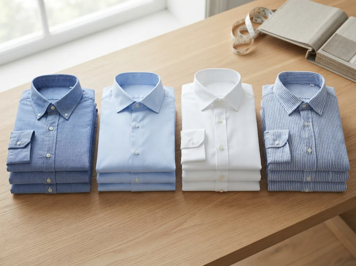 A folded stack of men's button-down shirts showing different fits and fabric textures.