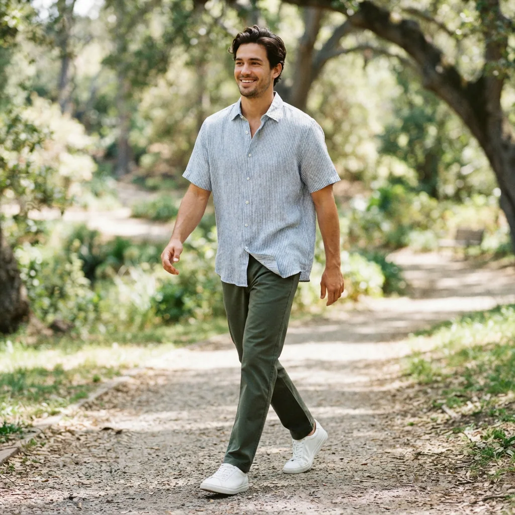 A model in a Relaxed Fit short sleeve button-down shirt walking casually outdoors.