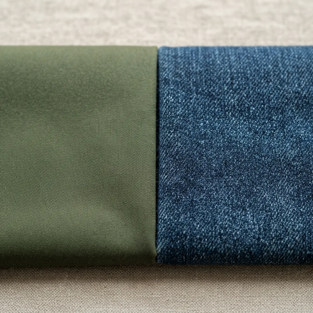 Side-by-side comparison of a smooth cotton chino fabric and a textured stretch denim fabric.