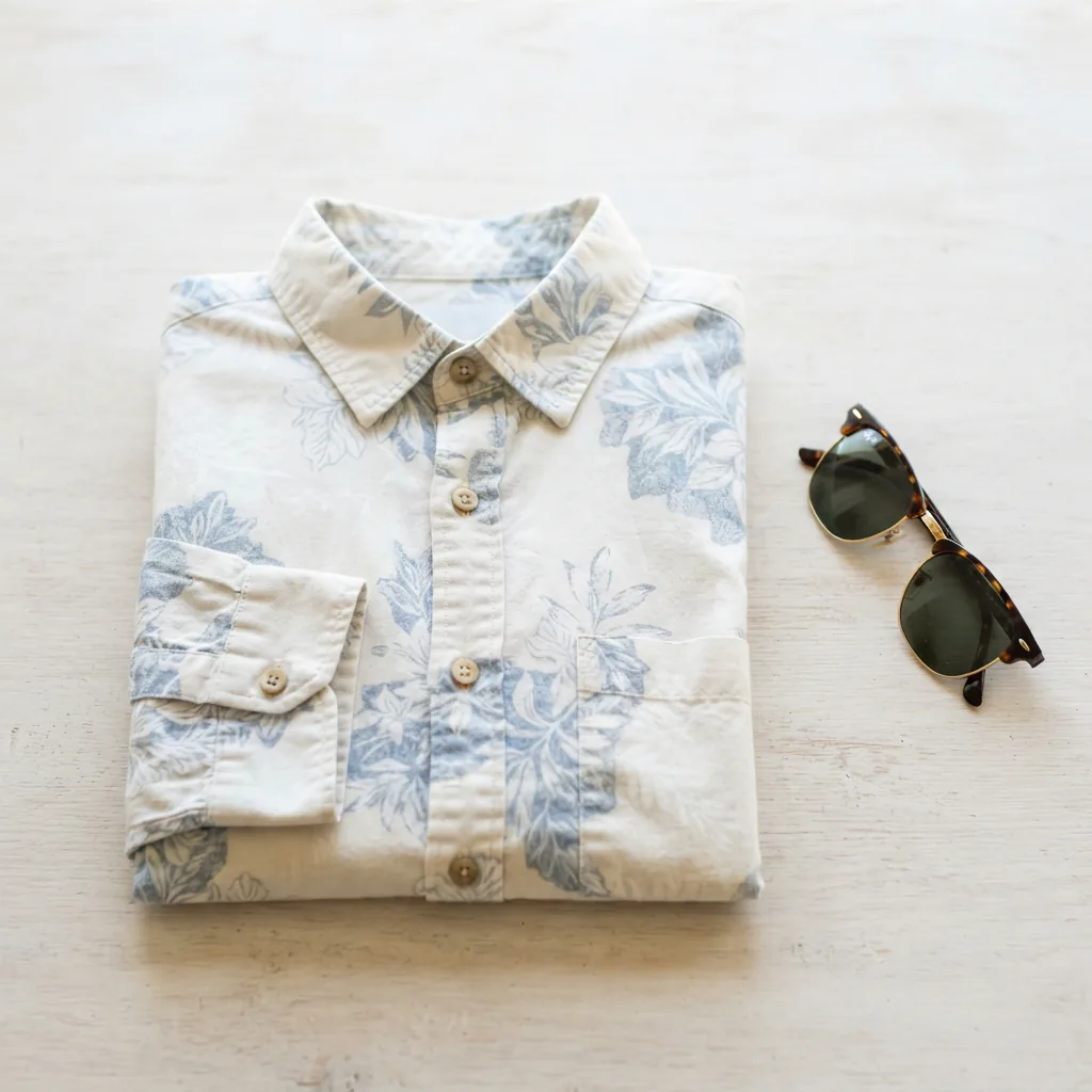 A folded Mutual Weave short sleeve relaxed fit button-down shirt showing a summer print.