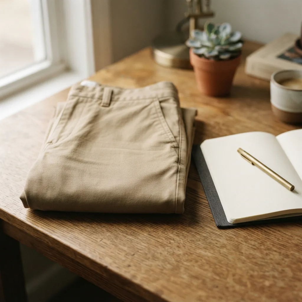 A pair of neatly folded khaki chinos showing their smooth fabric texture.