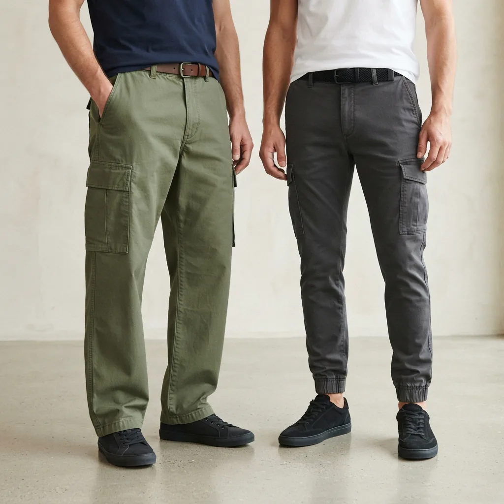 Two men wearing different cargo pant fits, one relaxed and one tapered.