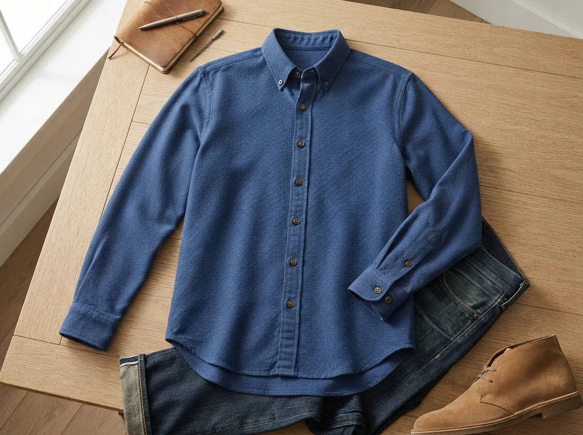 A styled shot of the featured Mutual Weave relaxed oxford shirt.