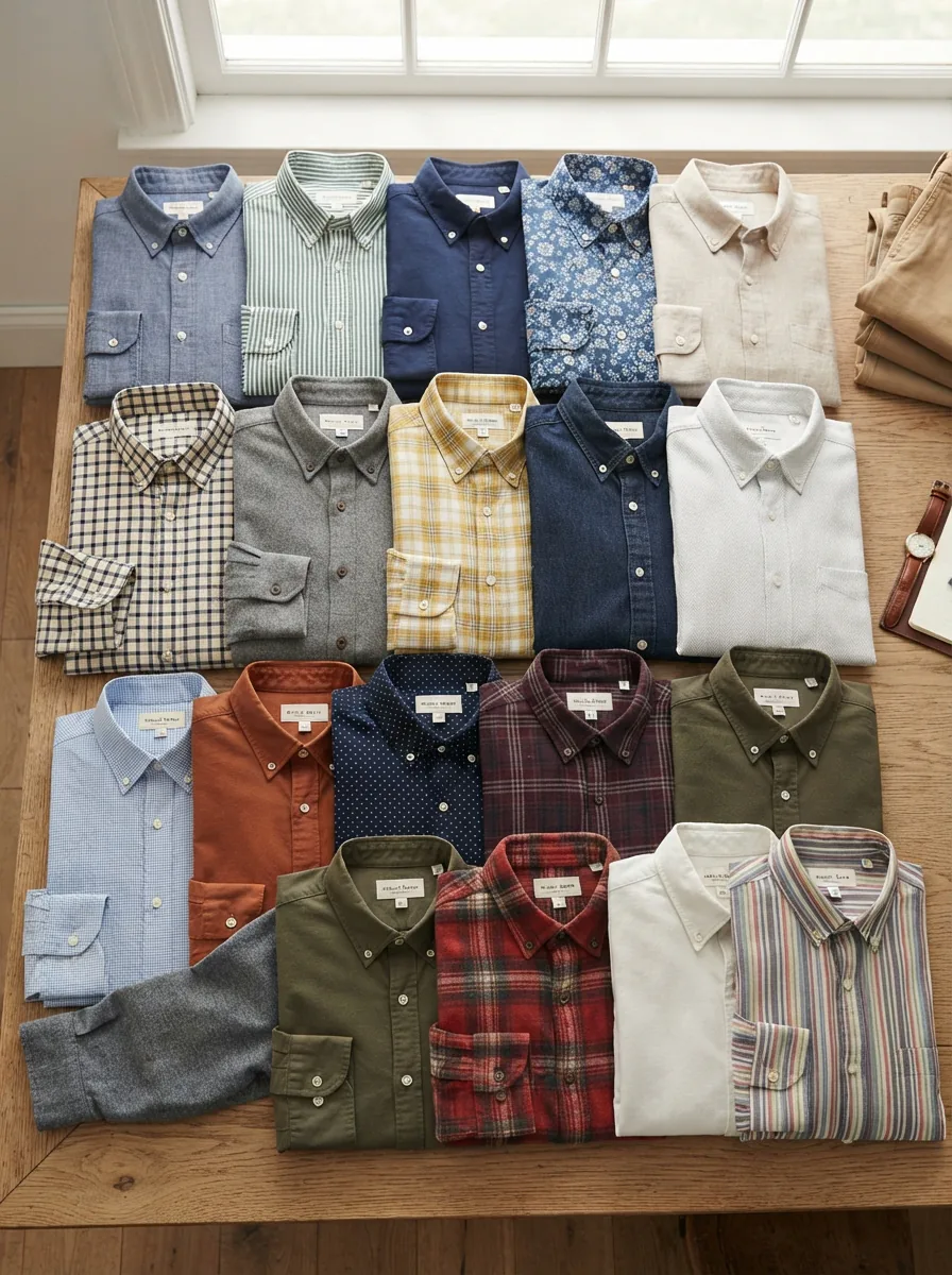 A flat lay of various men's button-down shirts in different colors and patterns.