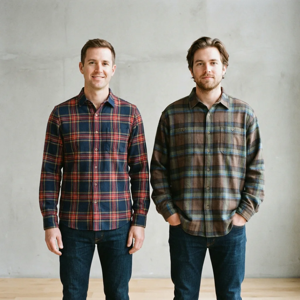 Two men, one in a regular fit and one in a comfort fit flannel shirt, standing side by side.