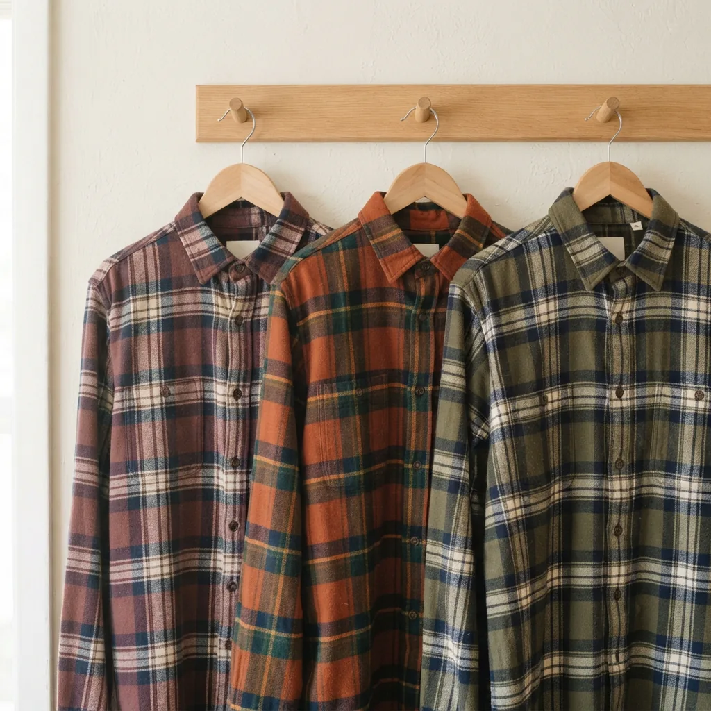 A variety of plaid flannel shirts hanging on a wooden rack.