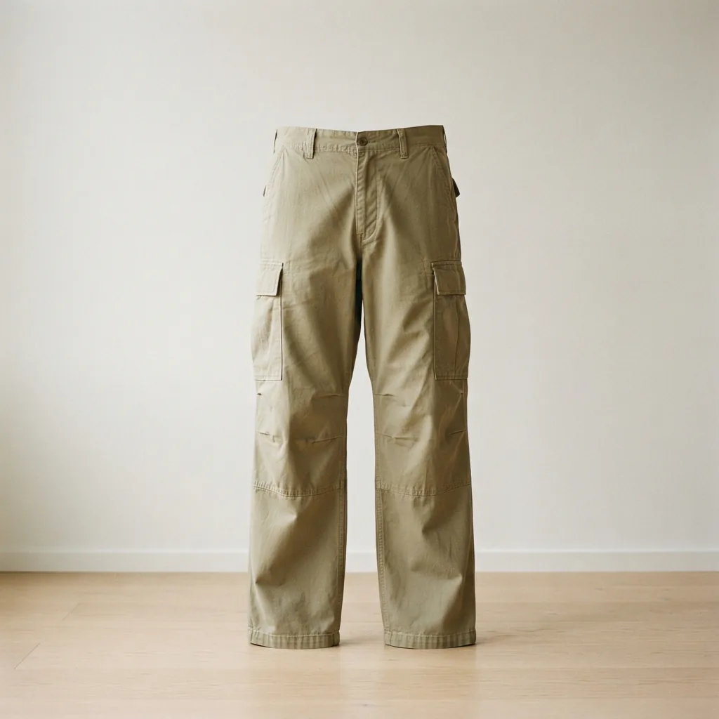 Sturdy relaxed straight-leg cargo pants standing upright.
