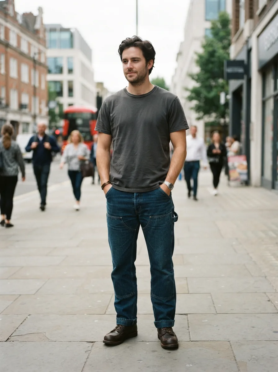 A man confidently wearing Mutual Weave pants in a casual, everyday setting.
