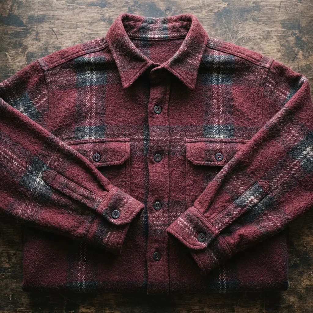 A heavyweight flannel shirt laid flat, emphasizing its thick, warm fabric.