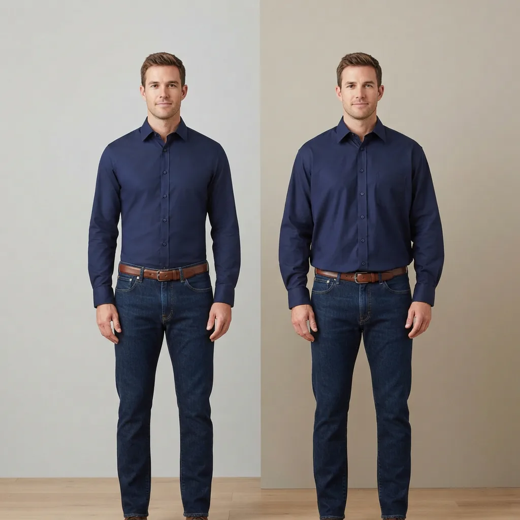 A side-by-side comparison showing the difference between Regular and Classic Fit shirts on two models.