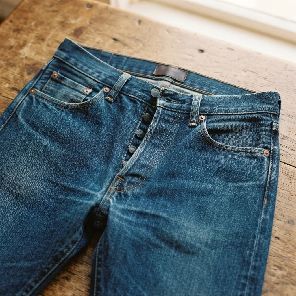 A pair of blue relaxed straight jeans with a hint of stretch, displayed on a casual surface.