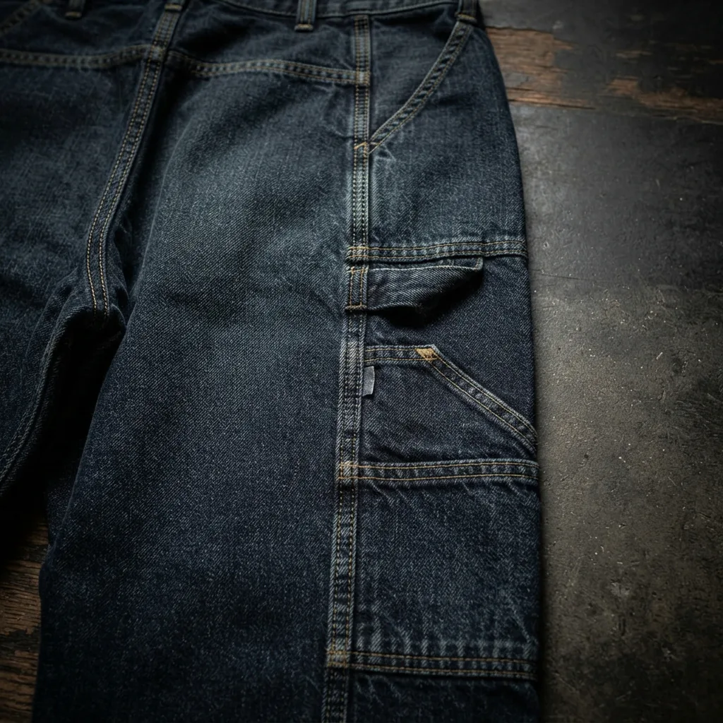 A pair of dark blue carpenter jeans with a hammer loop and utility pockets.