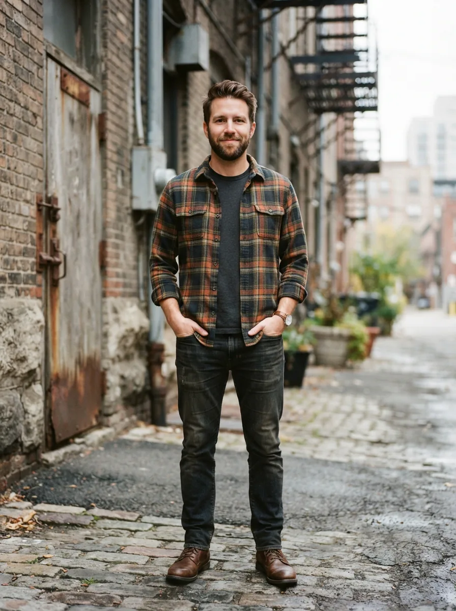 A man standing confidently in a well-fitted plaid flannel shirt, hands in pockets, in a casual urban setting.