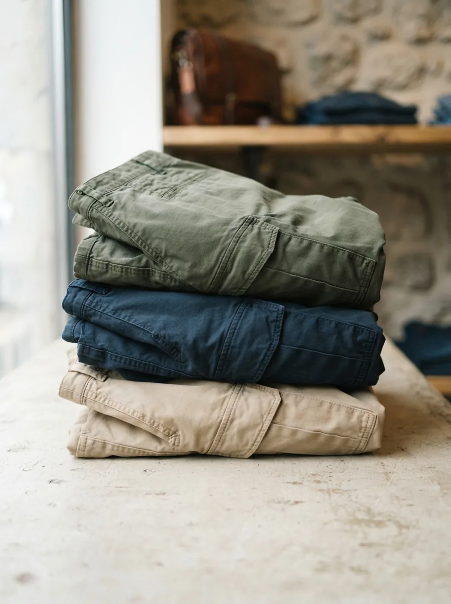 A collection of men's Mutual Weave cargo pants in various colors and styles.